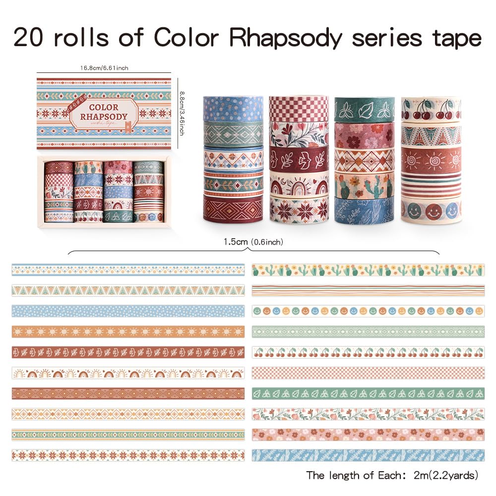 20 Rolls Bohemia Theme Washi Tape Set,Writable Decorative Tapes for Scrapbooking, Bible Journaling