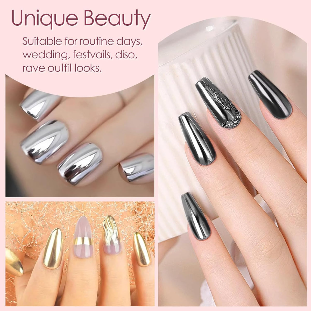 Allstarry Gold and Silver Chrome Nail Powder, 4 Colors Metallic Effect Mirror Chrome Powder Pigment