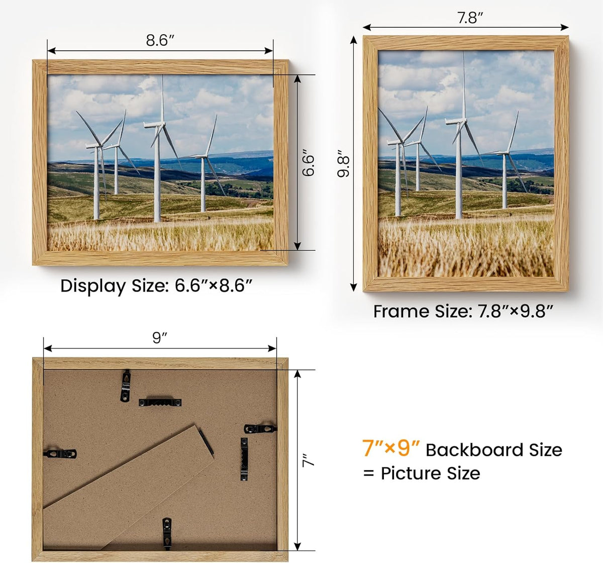 7x9 Picture Frame,Solid Oak Wood 7"x9" Photo Frame,Natural Oak Color Tempered Real Glass 7 by 9