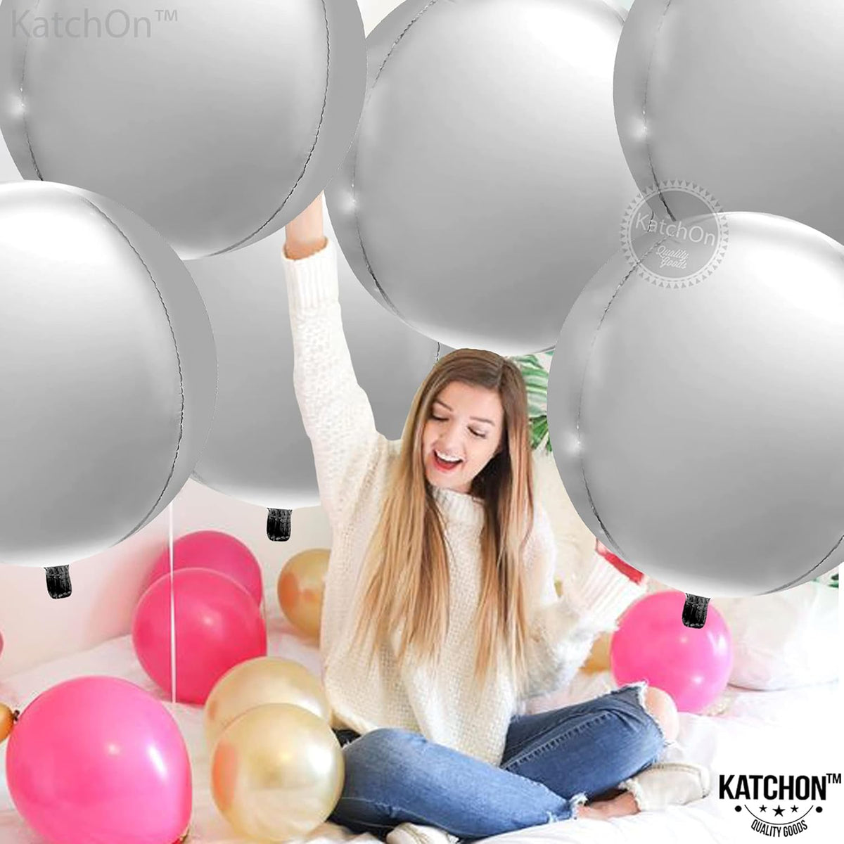 KatchOn Large Silver Balloons - 22 Inch, Pack of 6 | 4D Round Mylar Balloons for Birthday