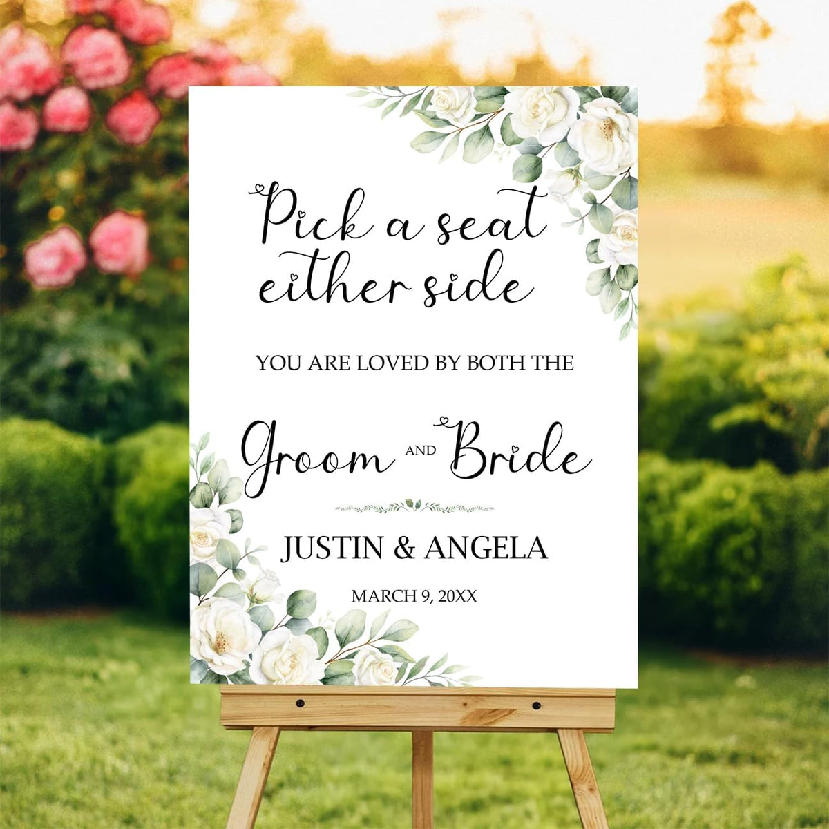 Pick a Seat Either Side Wedding Yard Sign – Custom Floral White Green Ceremony Sign – Acrylic or