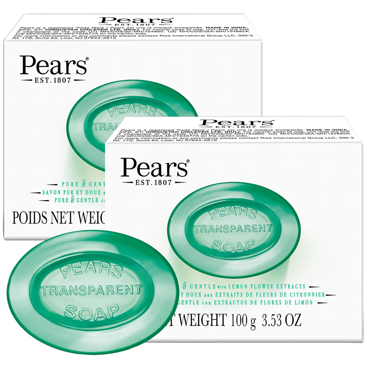 Pears Soap, Pure & Gentle with Lemon Flower Extract, 2-Pack – Transparent Green Glycerin Soap for