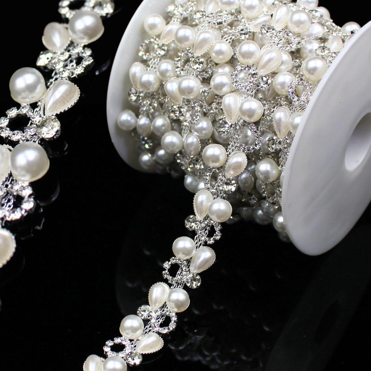 1 Yard Pearl Chain Silver Rhinestone Trim String Crystal Applique Fringe Ribbon Strips Beads Sewing