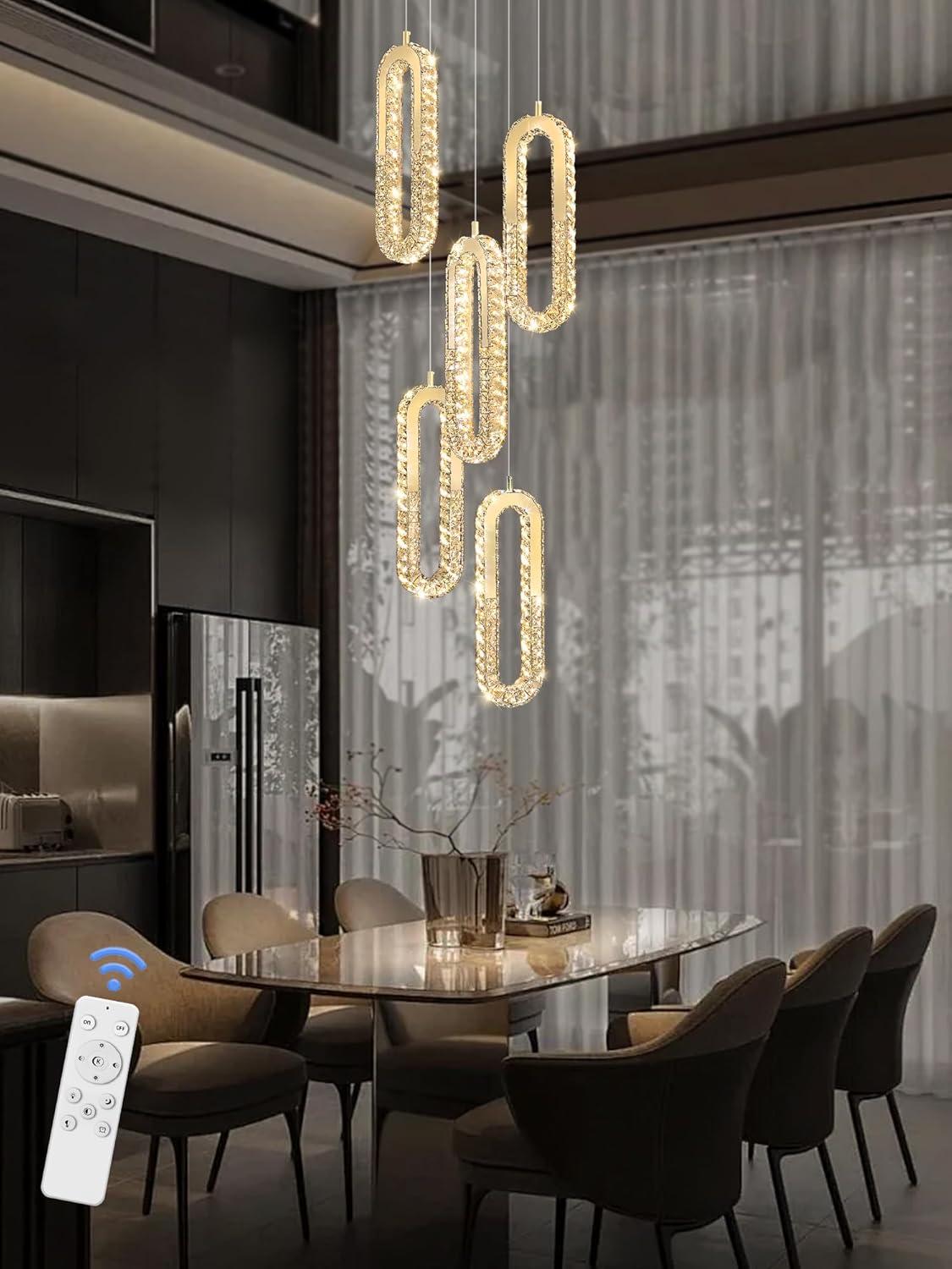 5 Rings Crystal Chandeliers for Staircase Large Pendants Light Fixture Gold High Ceiling Chandelier