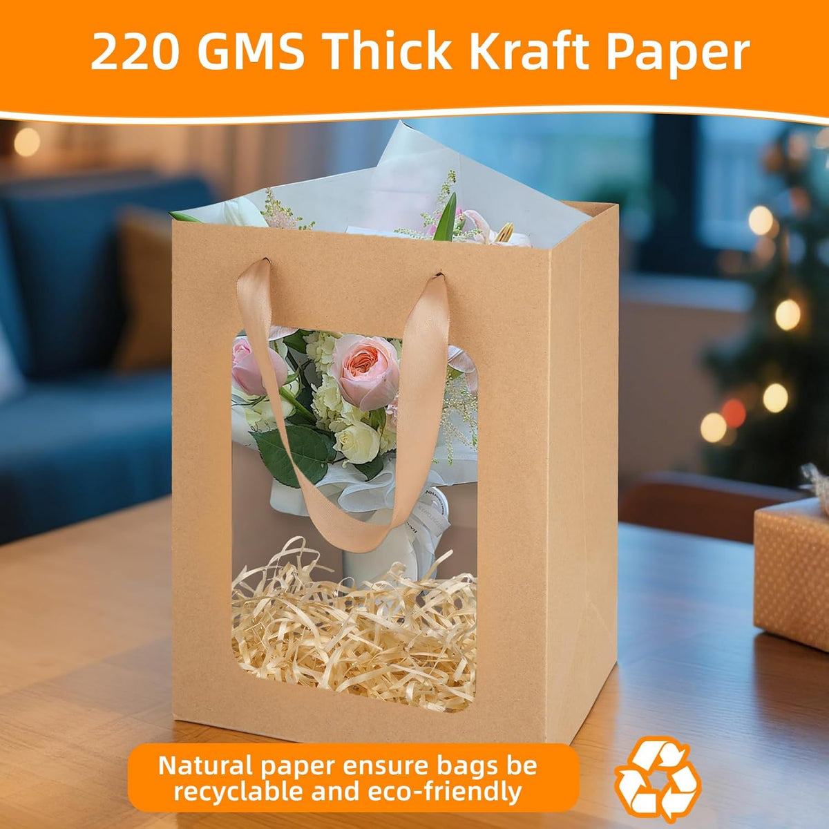 MOXARYSU 6 Pcs Brown Gift Bags with Clear Window: 9.8x5.1x7.1 Inch Medium Kraft Paper Bags with