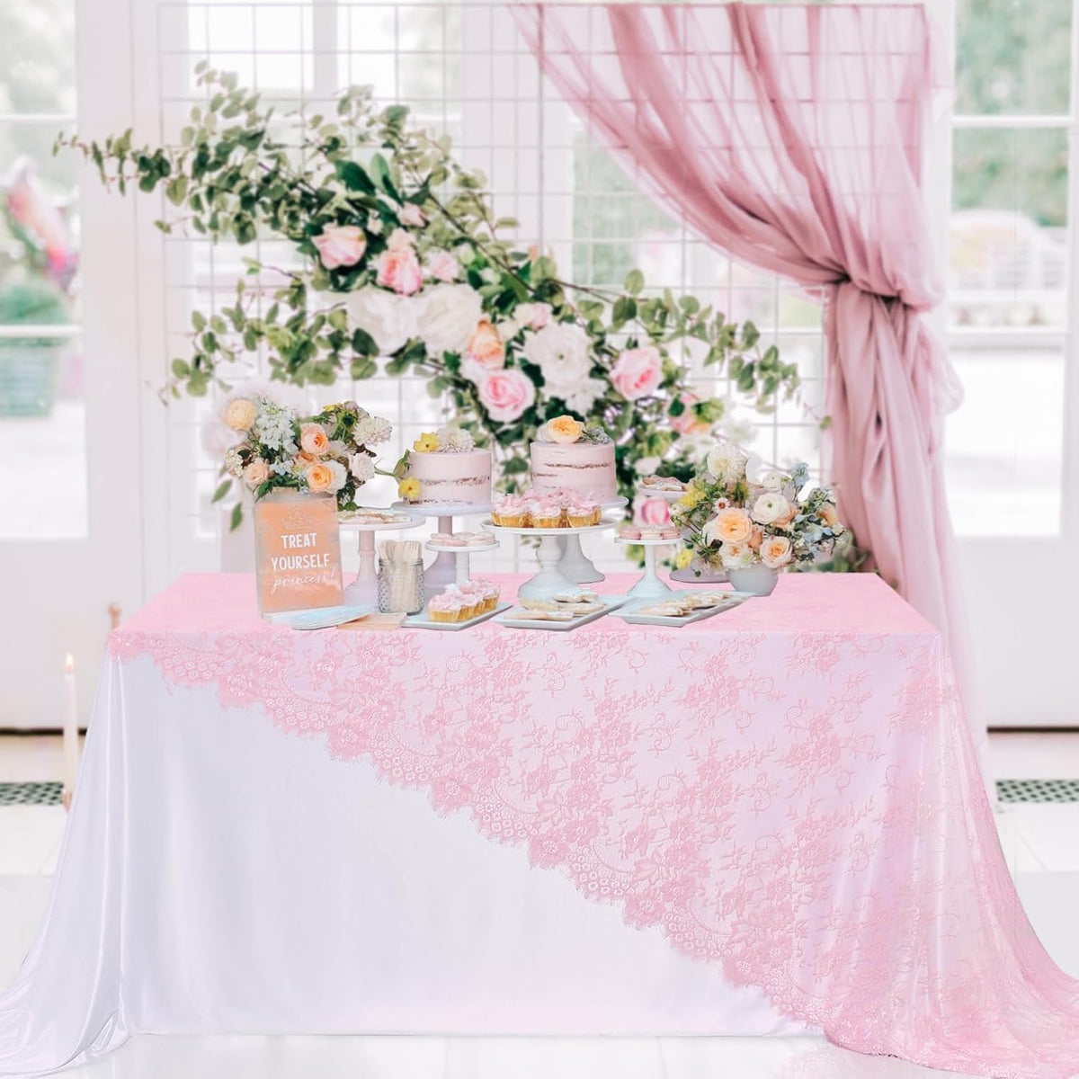LuoluoHouse Pink Lace Tablecloth Table Fabric 6pcs 60x120 Inch for Vintage Boho Wedding Baby Shower