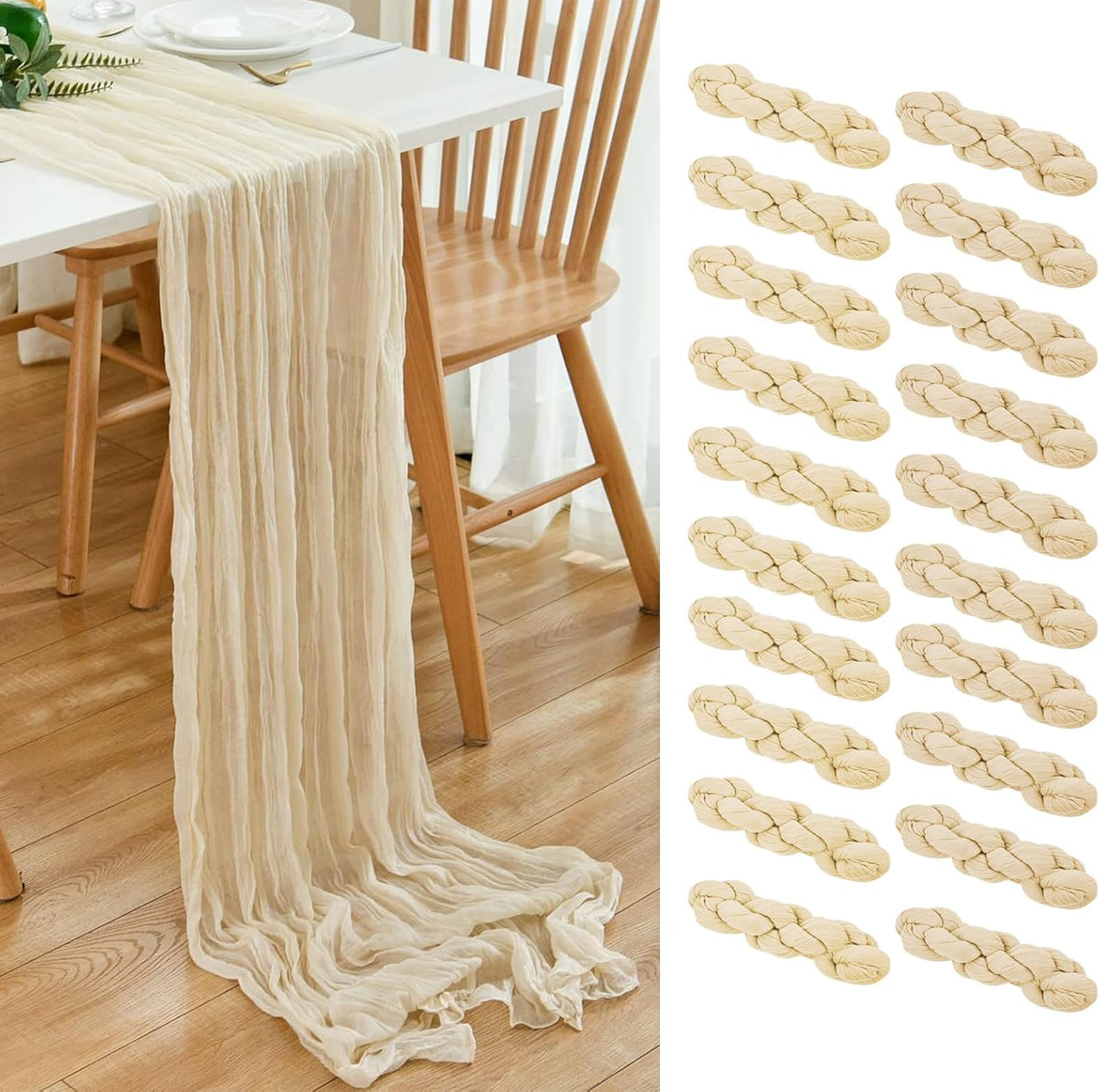20 Pack Beige Cheesecloth Table Runner 17x108 Inch Boho Wrinkled Sheer Gauze Cheese Cloth Table
