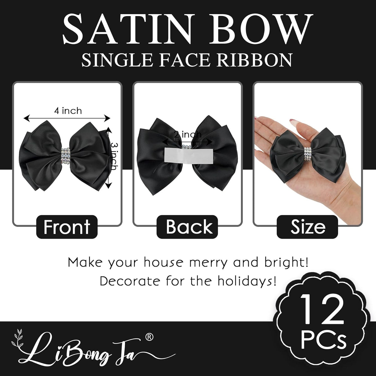 Black Satin Bows 4'' Premade Black Ribbon Bows, Gift Bows with Rhinestone, Wrapping Bows for