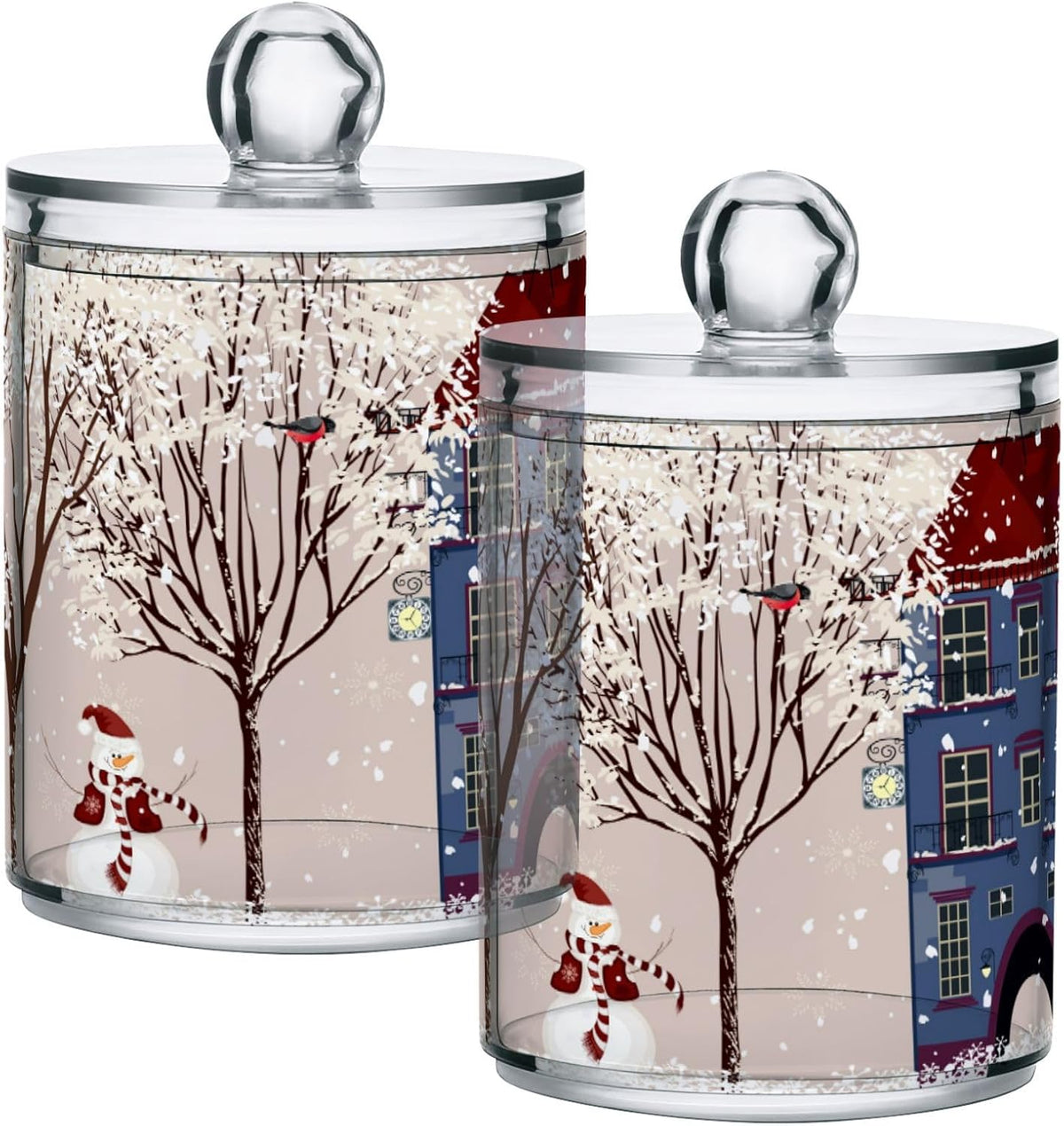 Gredecor Christmas Winter Qtip Holder Dispenser 2 Pack Snowmen Snow Courtyard with Trees Bathroom