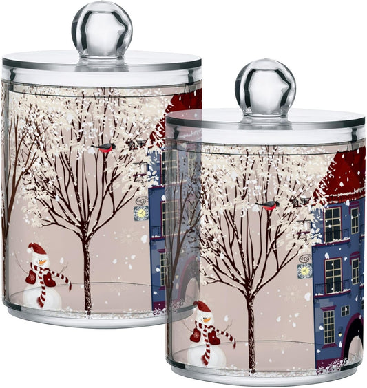 Gredecor Christmas Winter Qtip Holder Dispenser 2 Pack Snowmen Snow Courtyard with Trees Bathroom