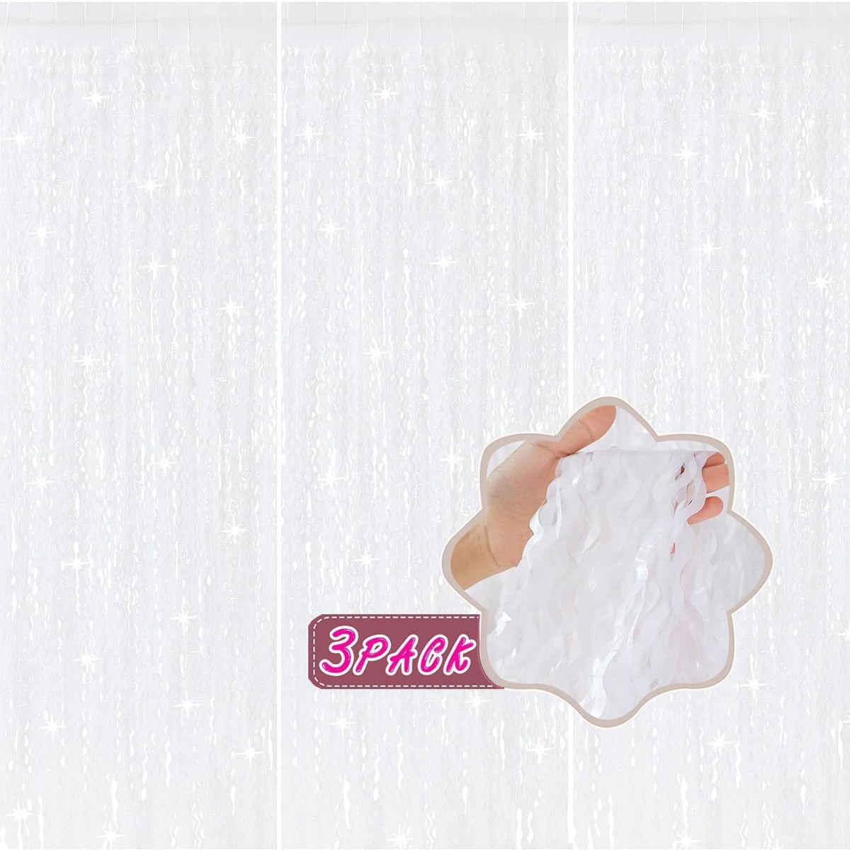 3Pcs Wavy White Metallic Tinsel Curtain Foil Fringe Backdrop,3.3 ft x 6.6 ft Streamer Photo Booth