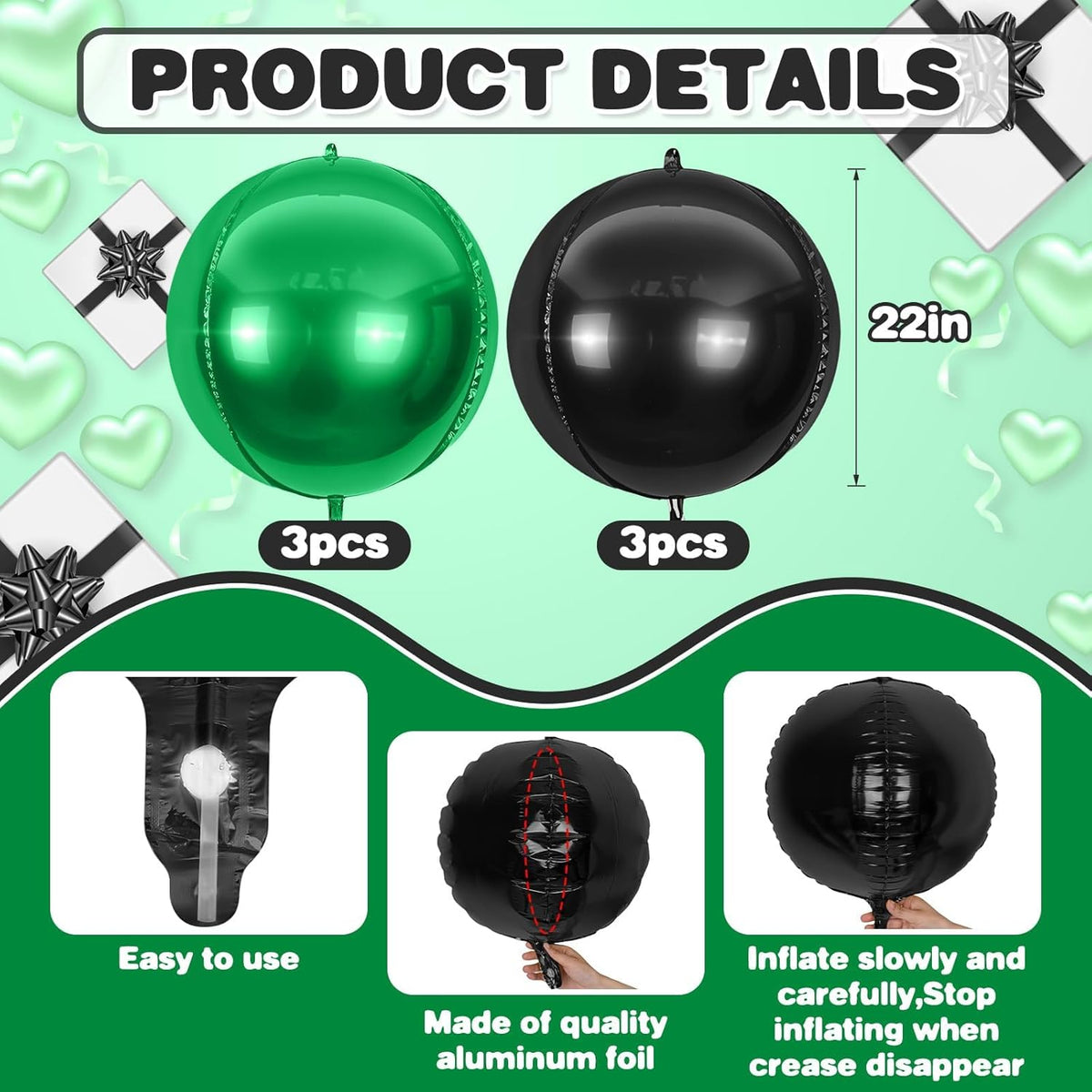 6Pcs Black Green Round Foil Balloons,Giant 4D Round Ball Balloon,22 Inch Metallic Black Green