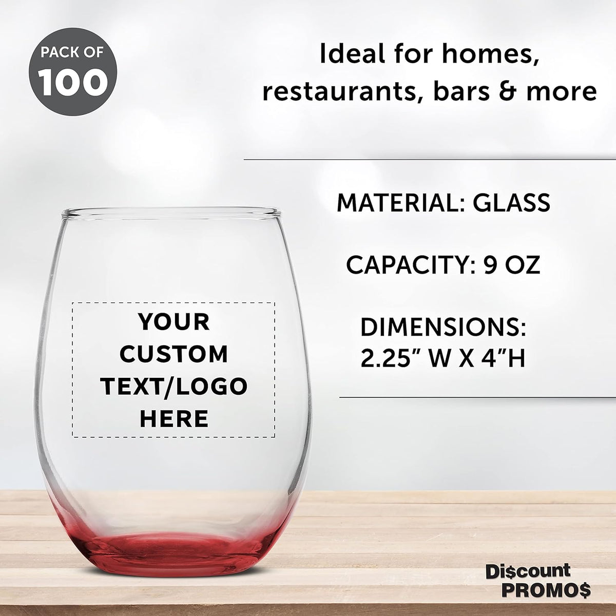 Custom Stemless Wine Glass 9 oz. Set of 100, Personalized Bulk Pack - Great for Wedding Favors