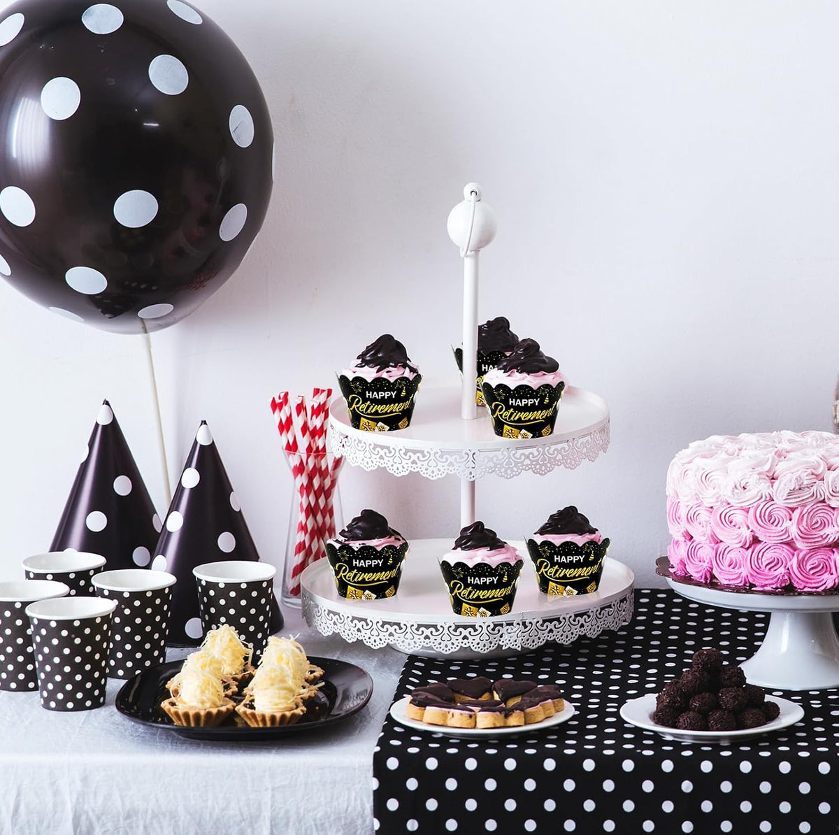 Whaline 36Pcs Happy Retirement Cupcake Wrappers Black Gold Retirement Cupcake Liners Decorative