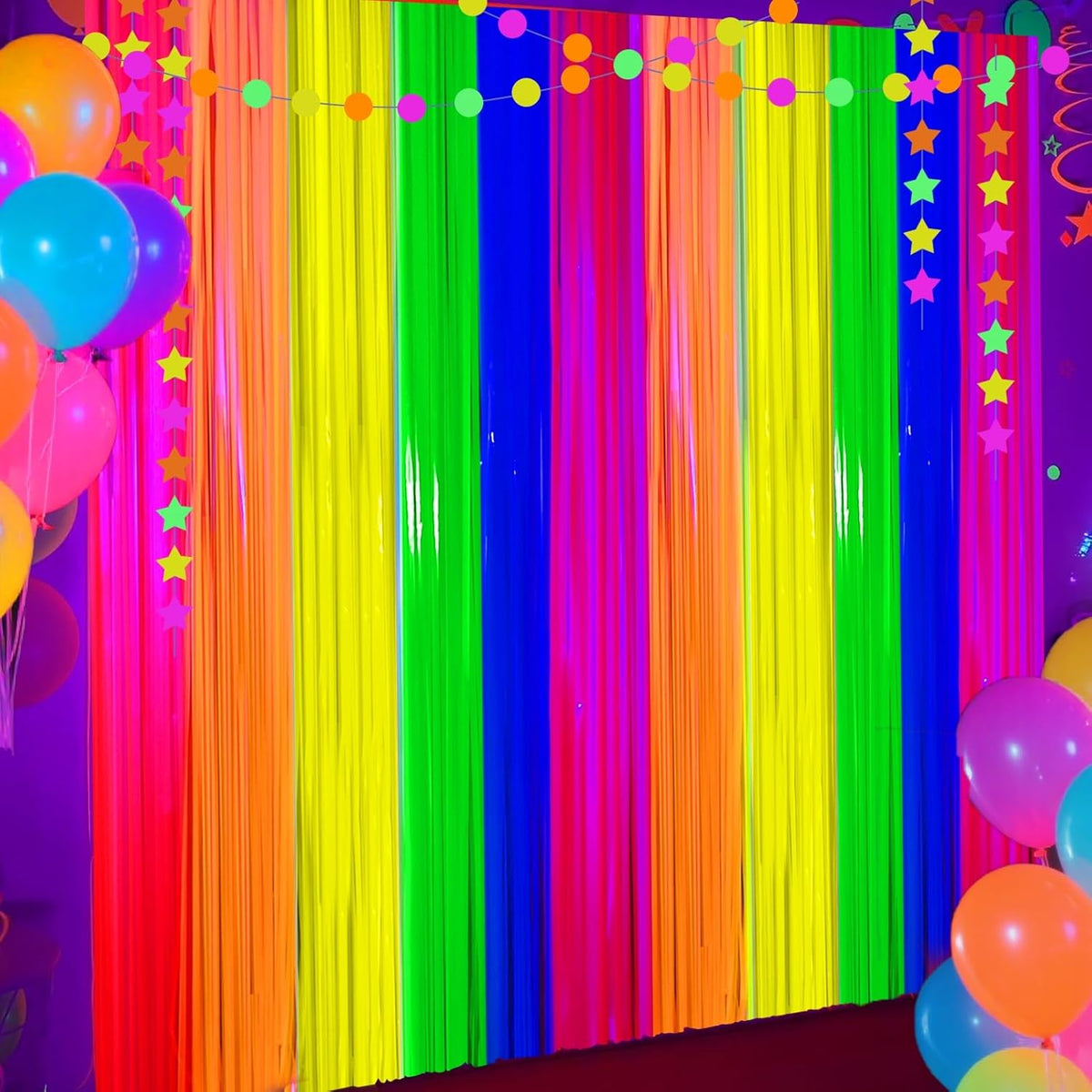4 Packs Glow in the Dark Foil Fringe Curtain, Macaron Rainbow Blacklight Reactive Fluorescent