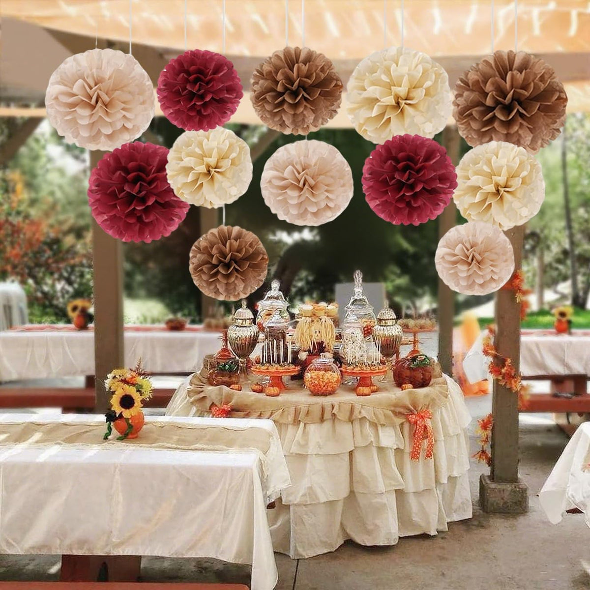 Capesaro Burgundy Beige 12PCS Paper Pom Poms Party Decorations for Engagement,Boho Wedding,Baby