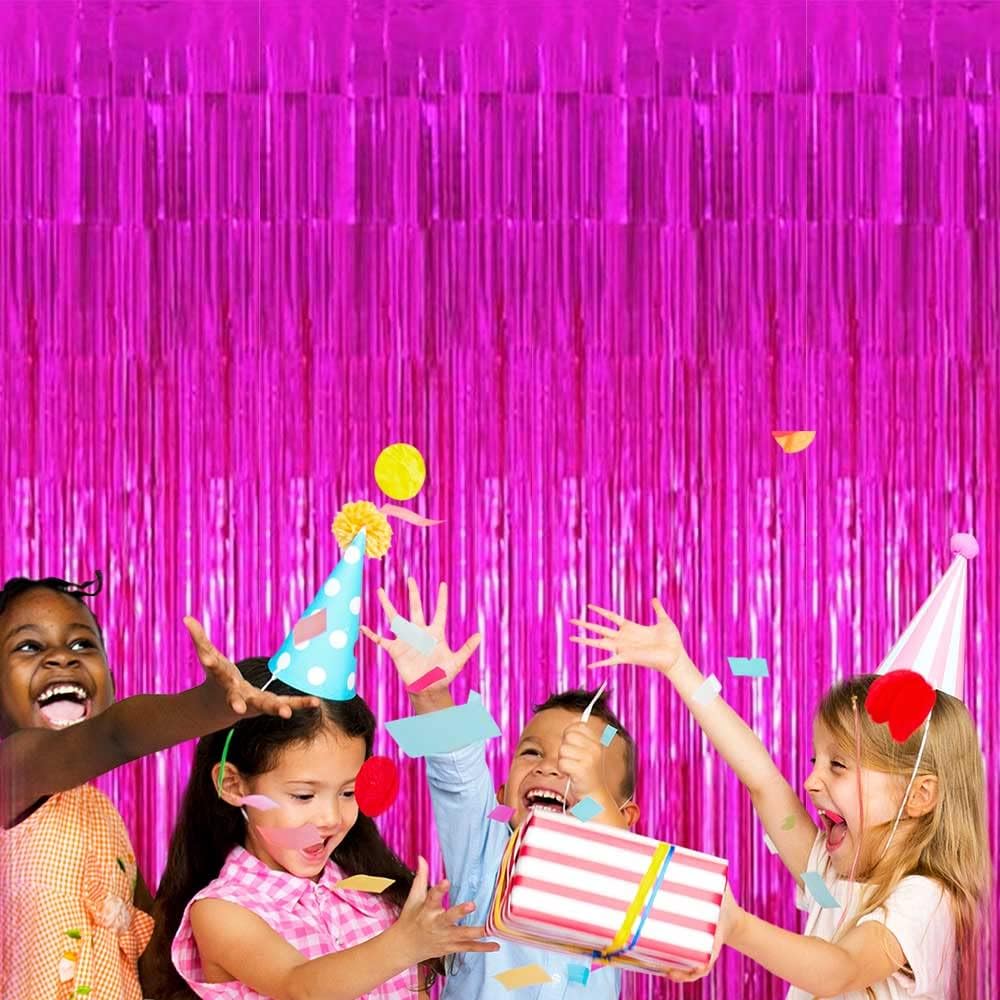 Pack Fuchsia Foil Fringe Curtain Backdrop, 3.28Ft x 9.84Ft Metallic Tinsel Foil Fringe Streamers