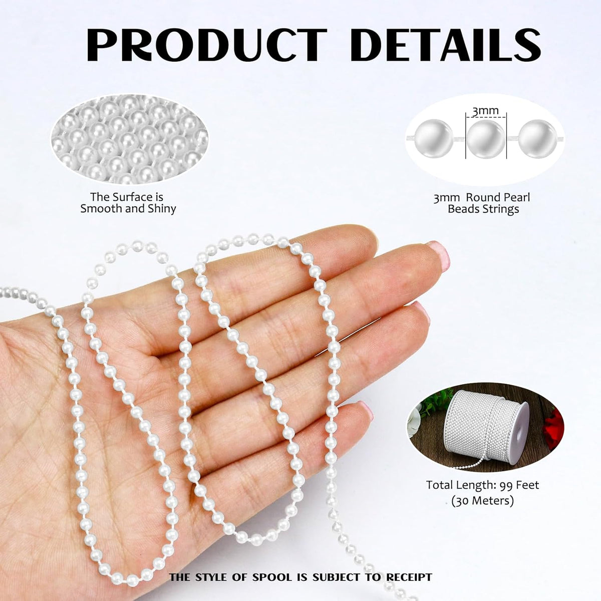 99 Feet 3mm Pearl Strings for Crafts, Artificial Pearl Beaded Garland Trim Chain Strands for
