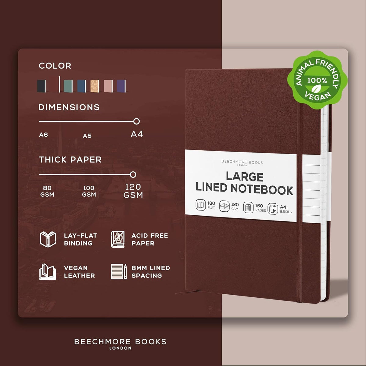 BEECHMORE BOOKS Lined Journal Notebook, 8.5 x 11.5 inch, A4 160 Lined Pages, Hardcover Leather