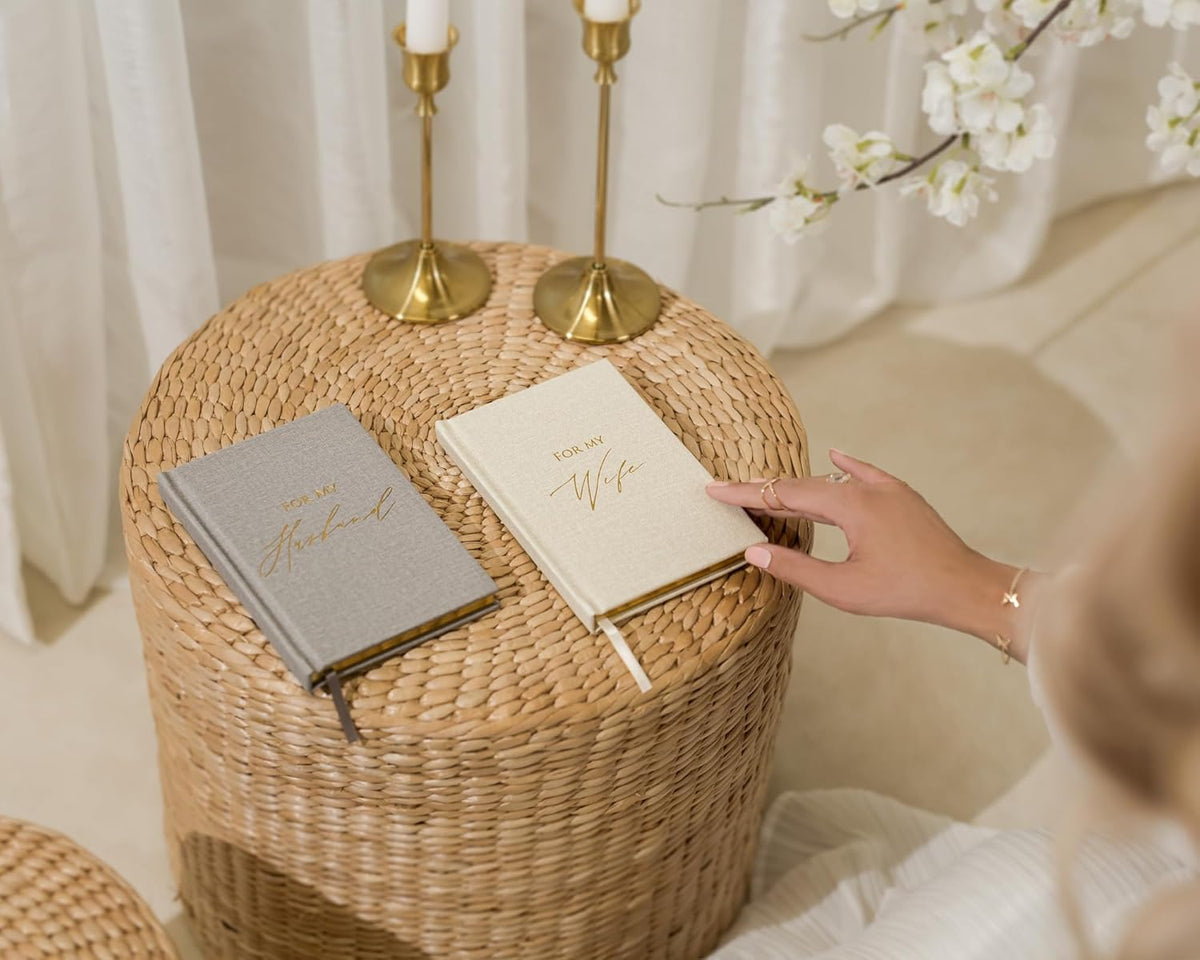 Hard Cover Vow Books (Set of 2) - For My Husband & For My Wife Grey & Cream Pocket Sized Foil