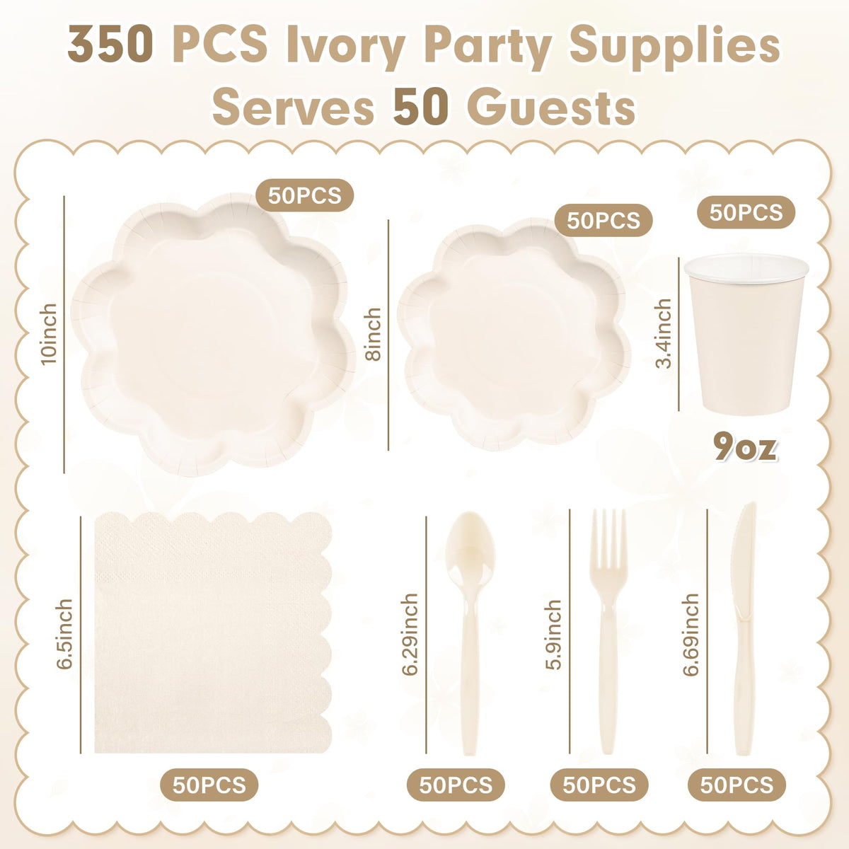 350 Pcs Party Plates and Cups and Napkins Ivory Scalloped Tableware Set