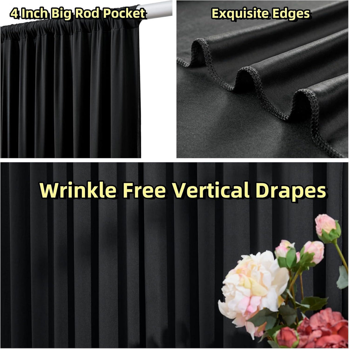 50 ft x 10 ft Wrinkle Free Black Backdrop Curtain for Parties, 10 Panels Polyester Black Photo