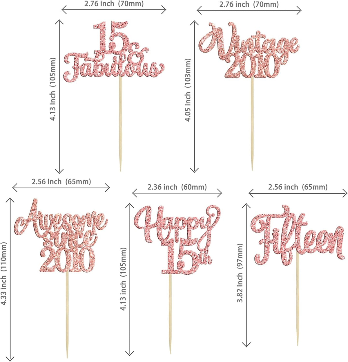 30Pcs Vintage 2010 Cupcake Toppers Glitter Fifteen 15 Fabulous Happy 15th Birthday Cupcake Picks