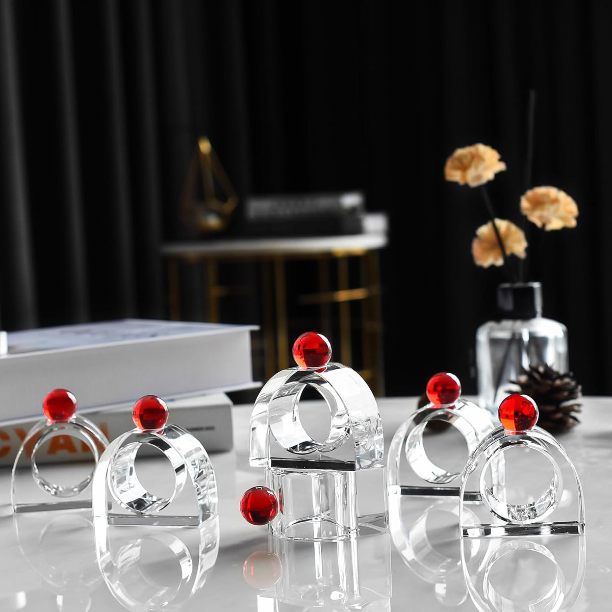 Crystal Napkin Rings Holder Silver Diamond Napkin Rings Pack of 6 Pieces with red Decor, Hotel