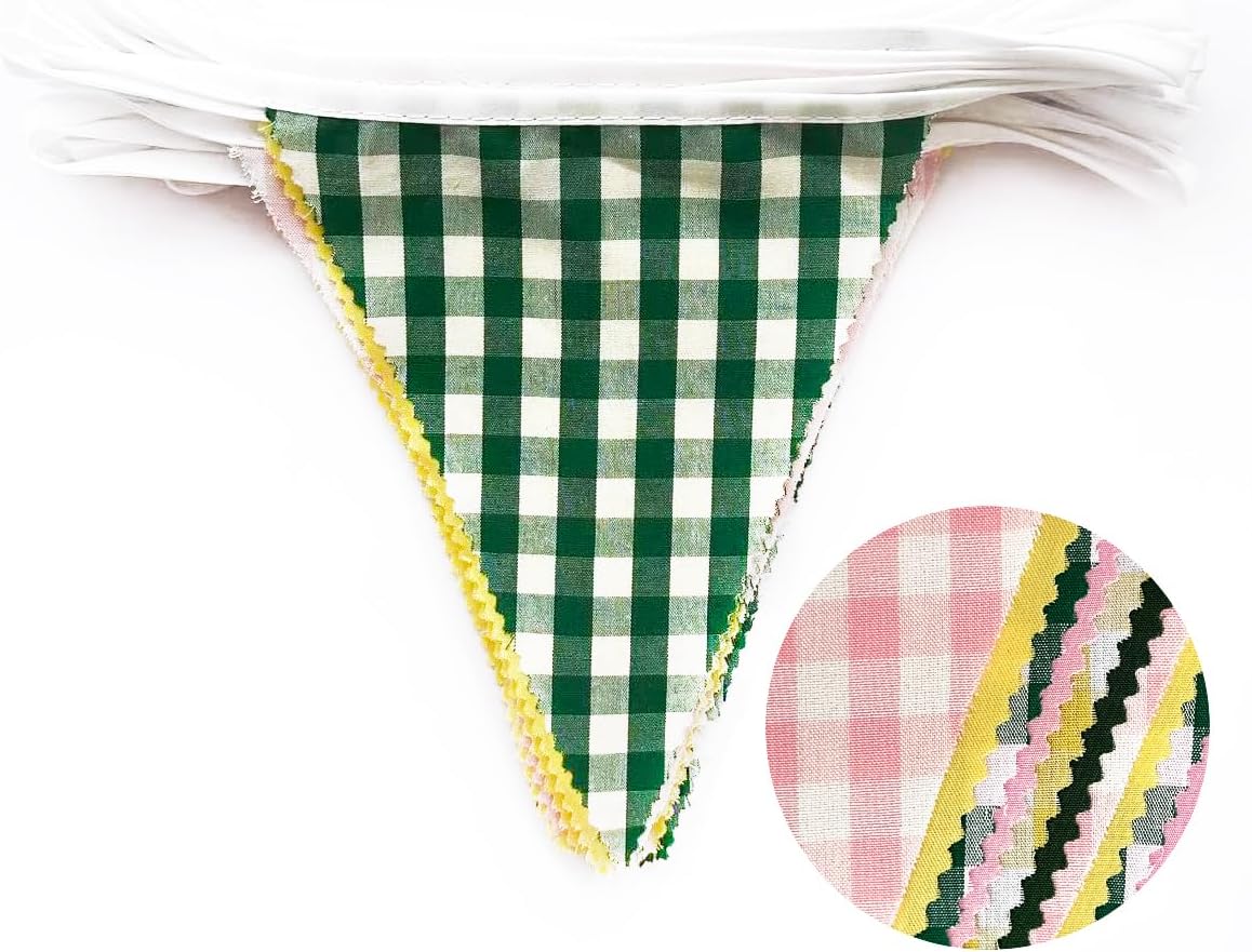 32Ft Camp Bride Party Decorations Pink Green Yellow Gingham Fabric Triangle Banner Flag Plaid