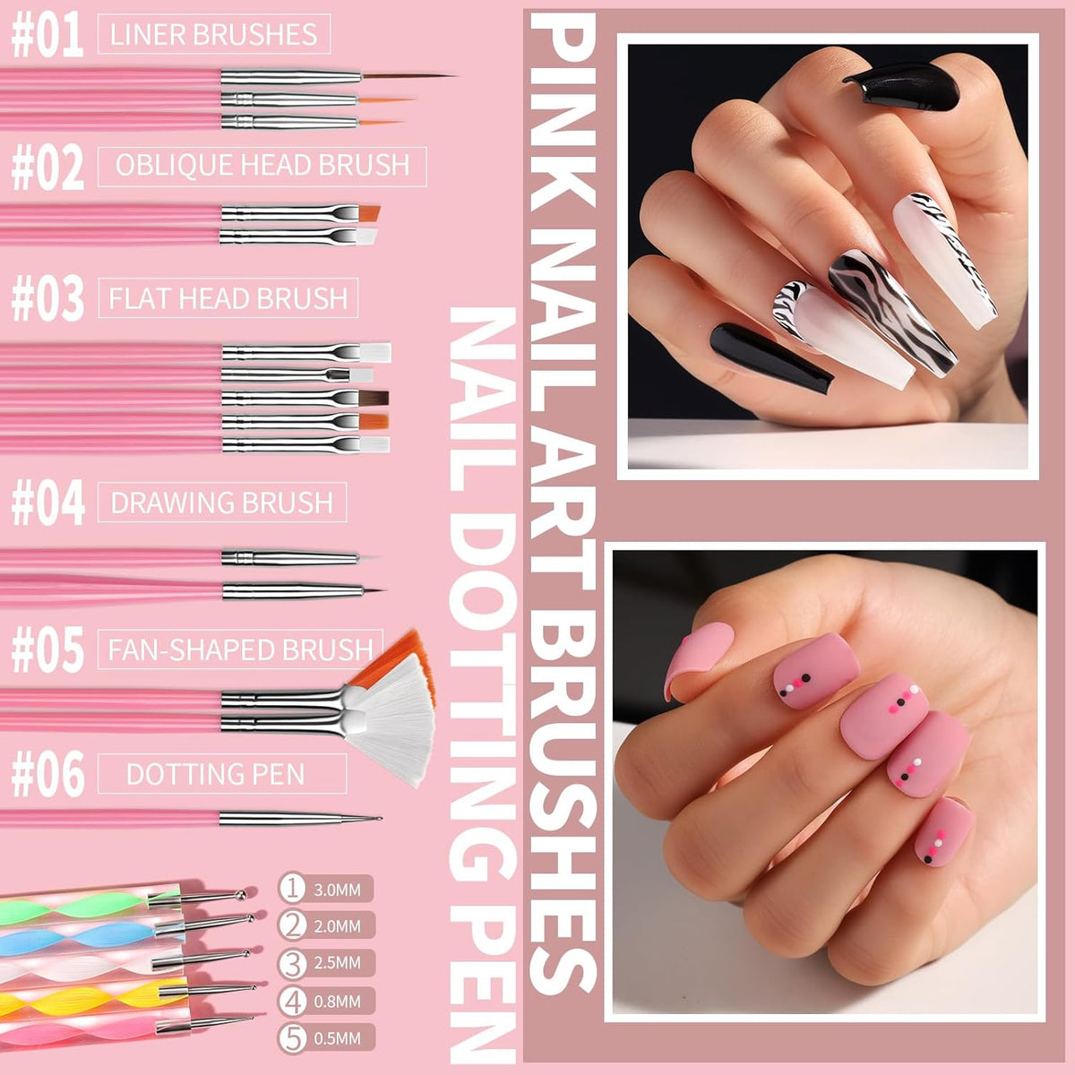 FANDAMEI Nail Art Brushes Set, Nail Art Kit, Nail Design Kit, Nail Dotting Tools, Nail Kit for