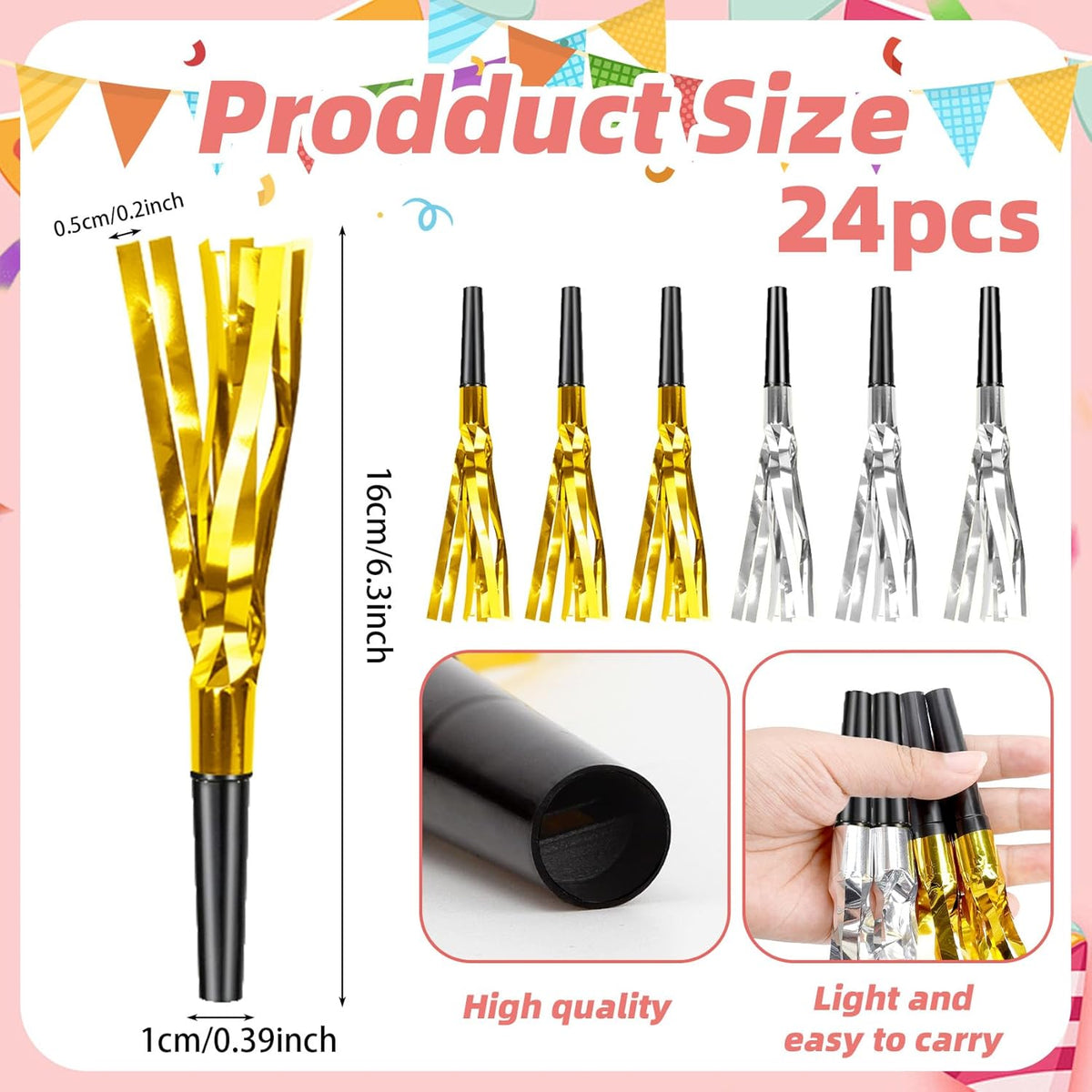 Party Blowers, 24 PCS New Years Noise Makers, Gold Silver Glitter Metallic Fringed Party Blowouts