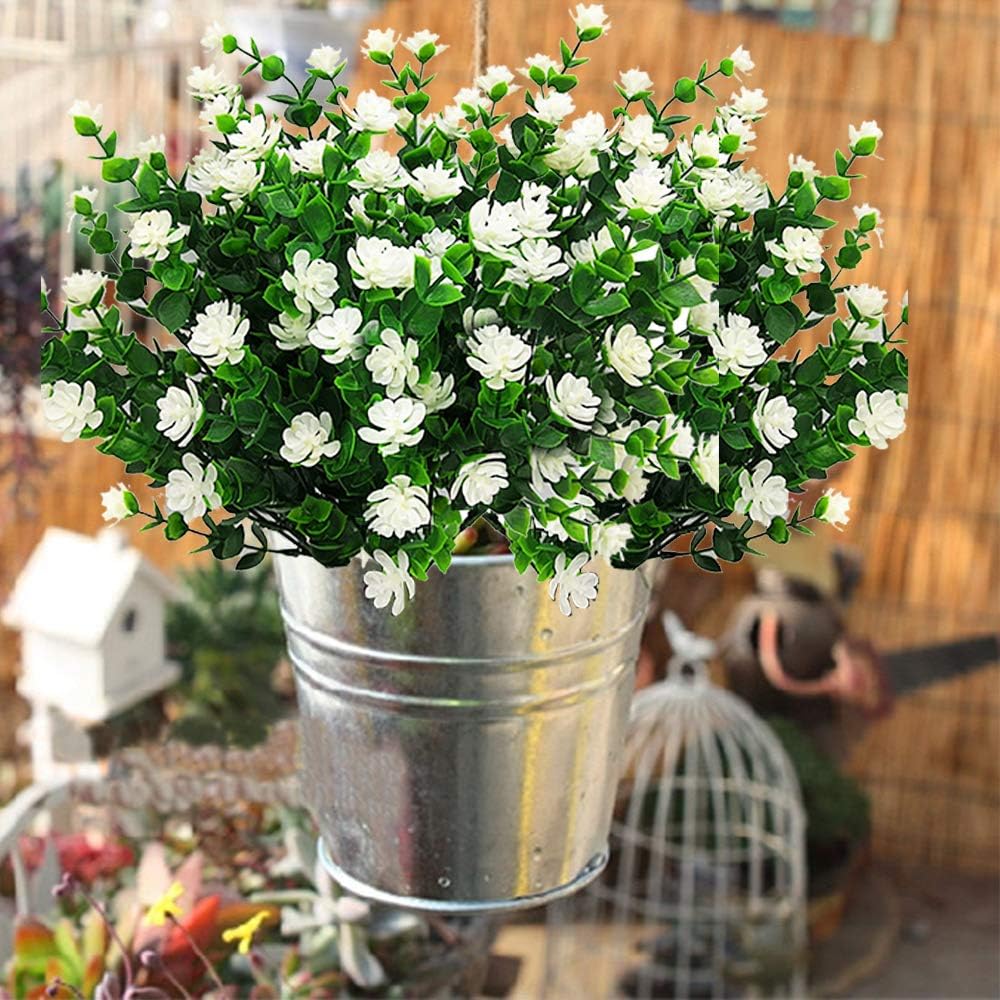 10 Bundles Artificial Fake Flowers, Faux Outdoor Plastic Plants UV Resistant Shrubs Outside Indoor