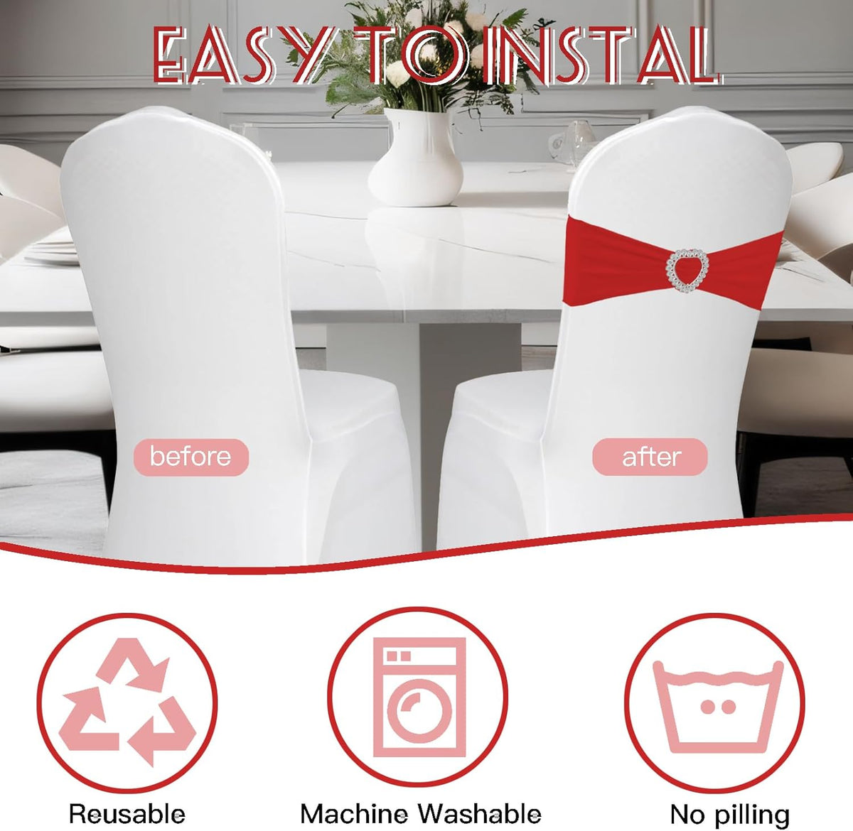 100PCS Spandex Stretch Red Chair Sashes Bows Universal Elastic Chair Cover Bands Ties with Buckle