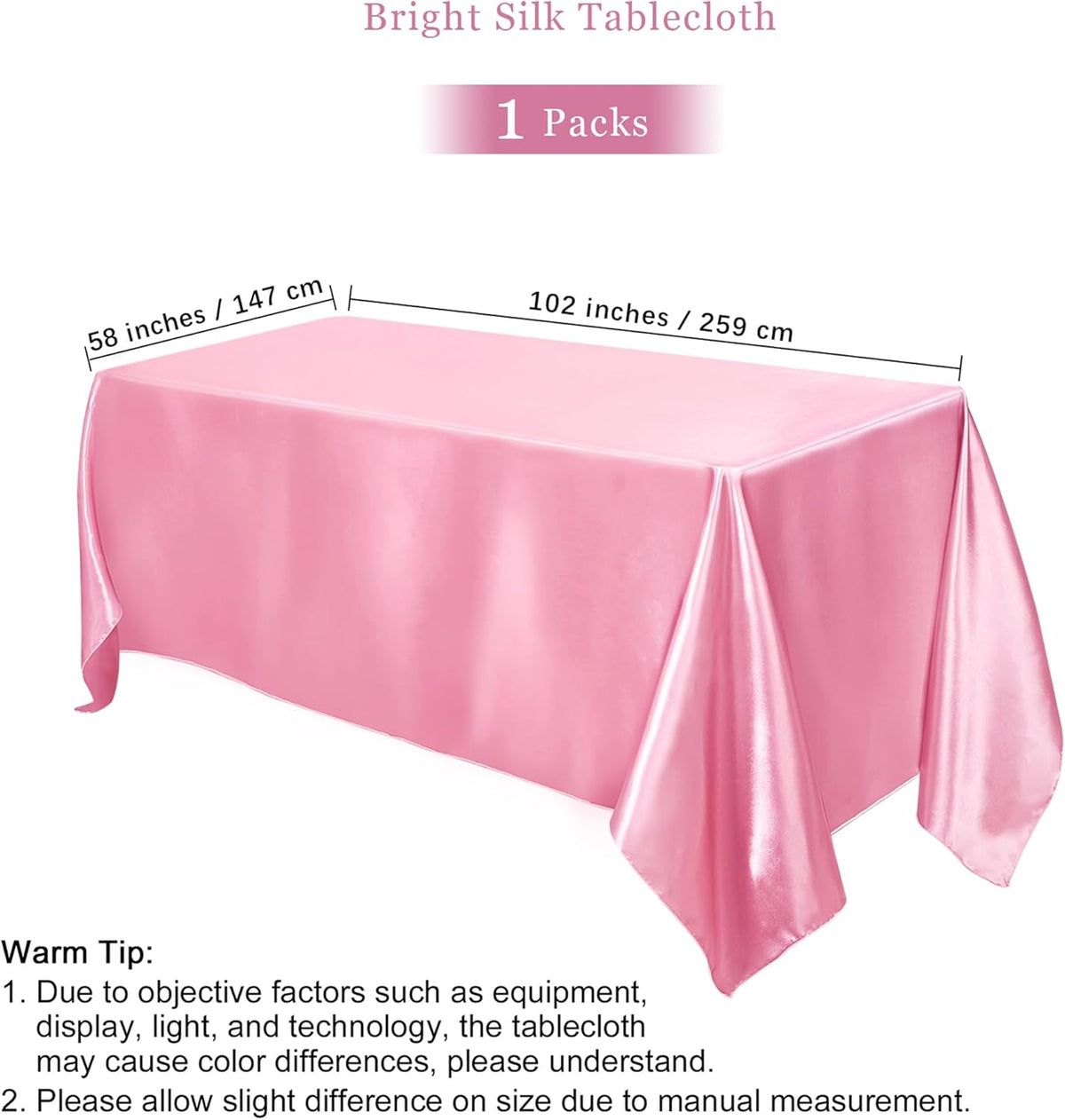 TURSTIN 1 Pack Pink Satin Tablecloth 102 x 58 Inch Overlay Satin Table Cover Rectangle Bright Silk