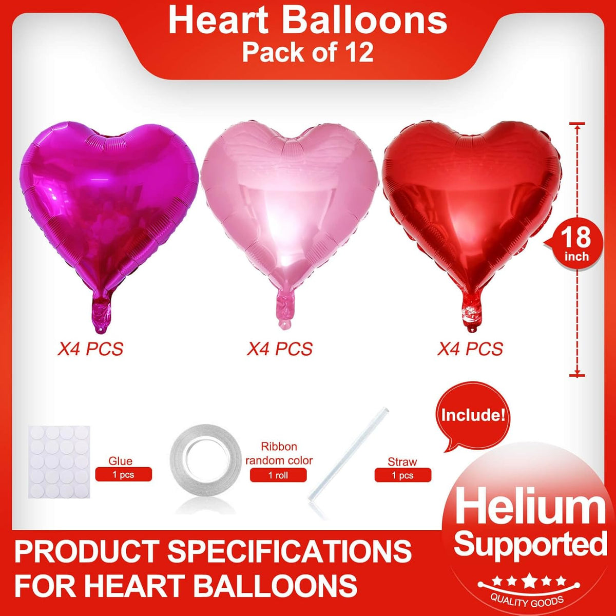 Red Heart Shaped balloons Pack of 12,18 Inch Hot Pink Love Valentine Balloons Pink Heart Romantic