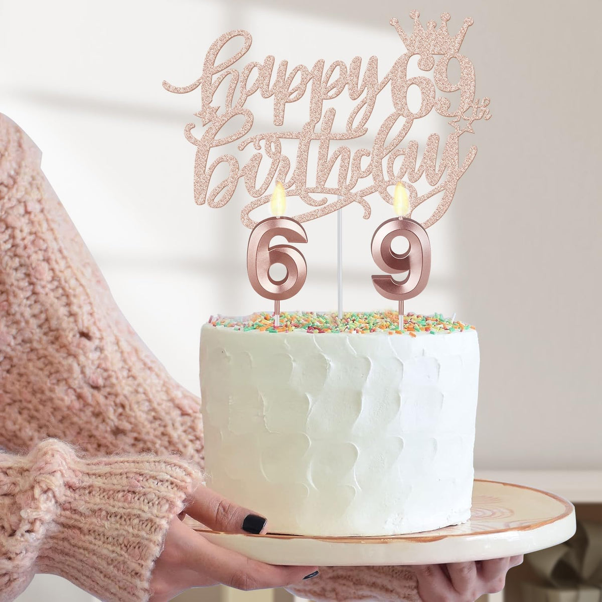 69th Birthday Decorations for Women, Including Birthday Sash, Crown/Tiara, Candles, Cake Topper, 69