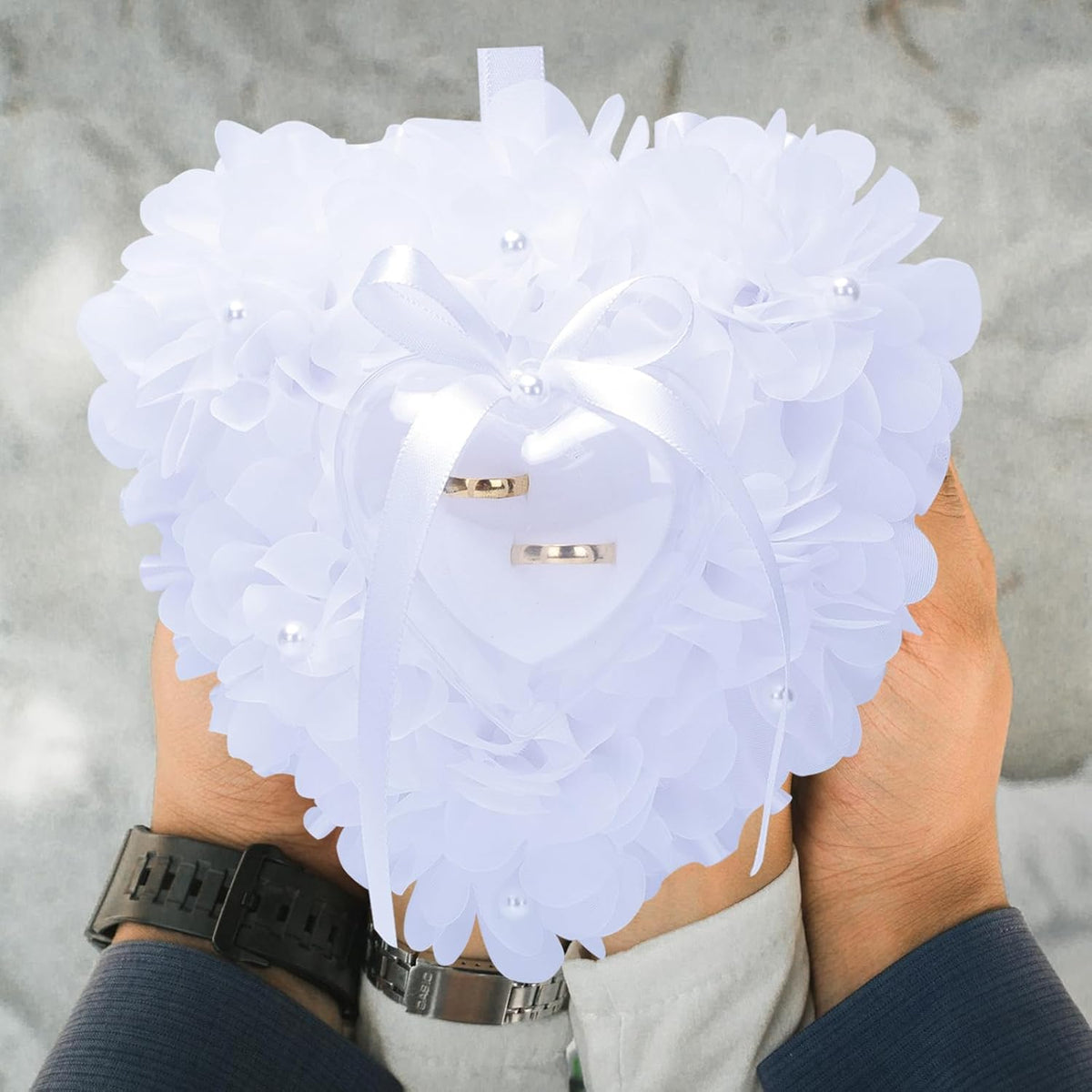 Ring Pillow is Designed with White Roses, Mozambique Diamond and Flowers. It is A Ring Bearer That