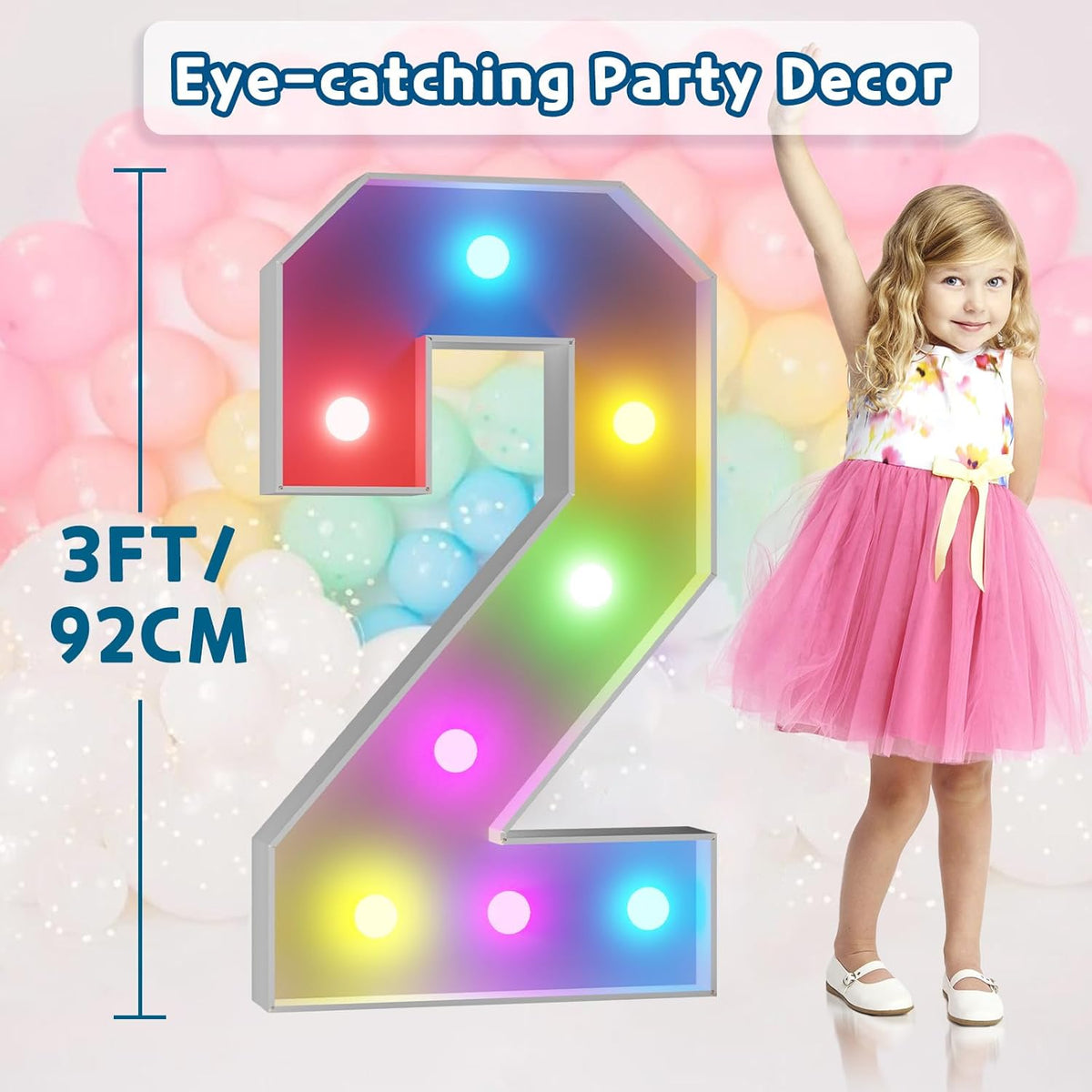 imprsv 3FT Colorful Marquee Numbers,18 Colors Number 2 with Remote, Light Up Numbers Sign for 12th
