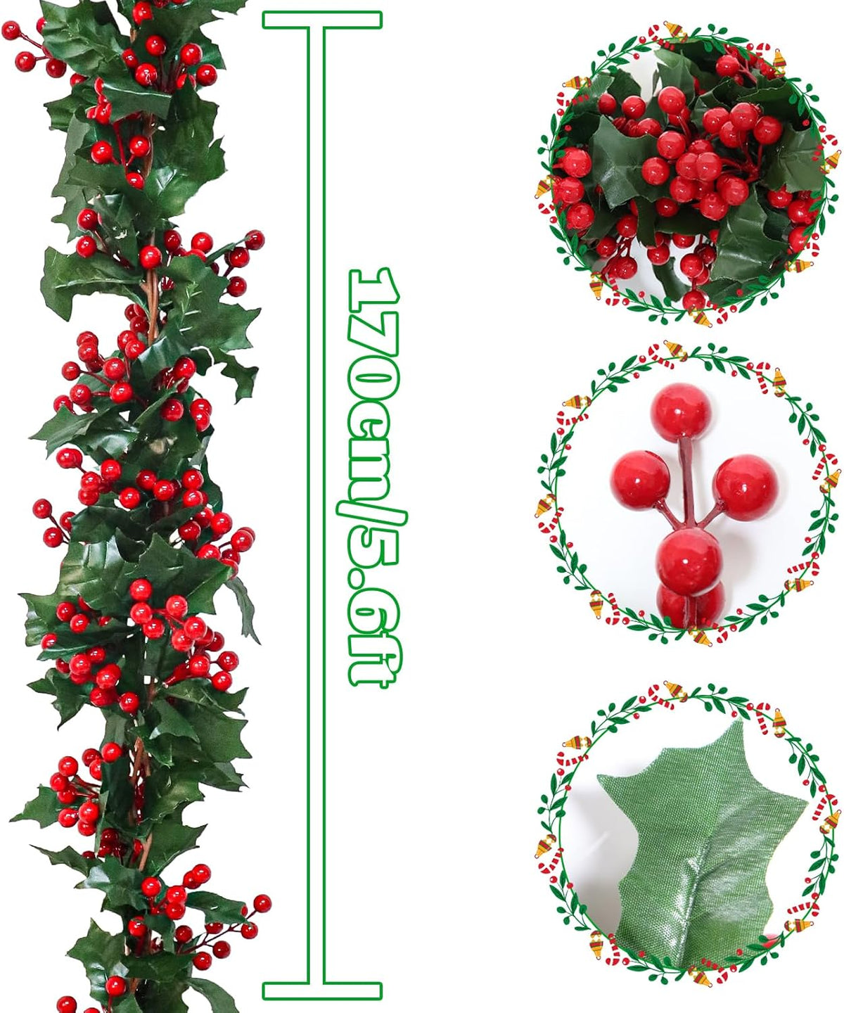 Uguisu 2pcs 5.6ft Red Artificial Christmas Garland,Eucalyptus Green Garland with Berry Flower
