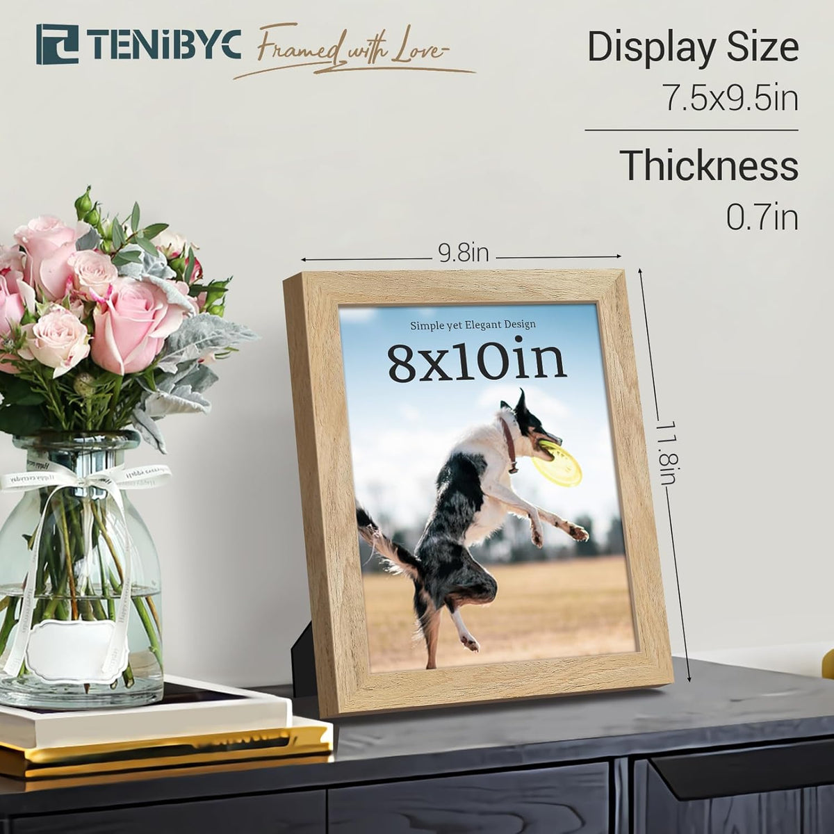 8x10 Picture Frame 4 Pack, Textured Natural Wood, HD Tempered Glass, Gallery Photo Frame, Table or