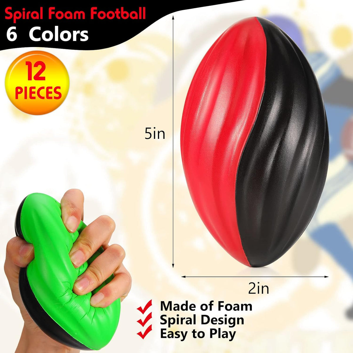 Jerify 12 Pcs Mini Footballs for Kids Spiral Foam Football Bulk 5 Inch Soft Small Waterproof Foam