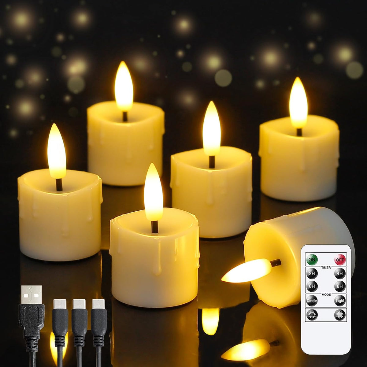 Rechargeable Flameless 1.6" x2.5" Tea Light Candles with Remote & Type-C Charging Cable, Timer LED