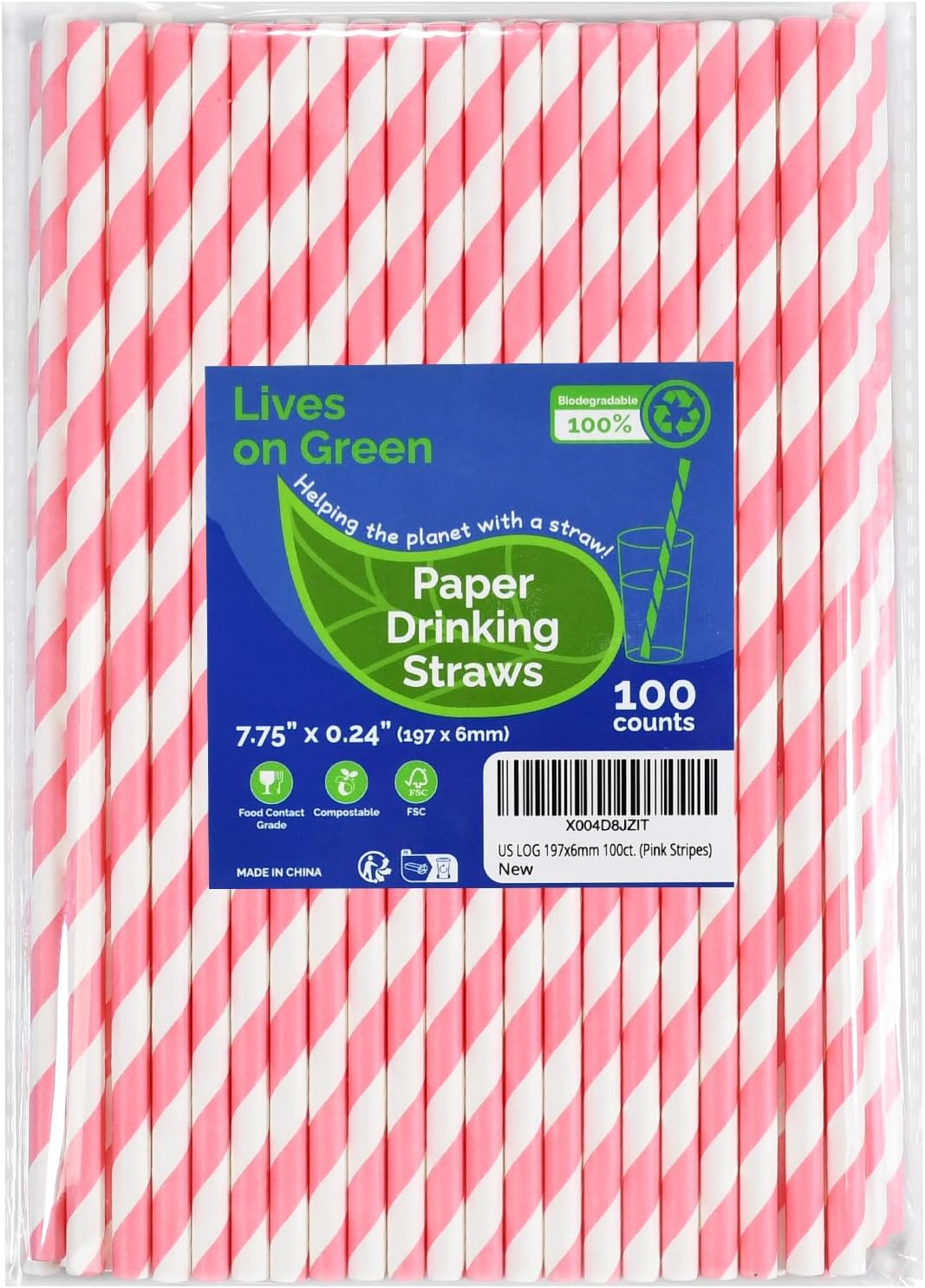 Pink White Striped Paper Drinking Straws 7.75 inch 100 Counts - for Cocktail, Party, Wedding, Baby