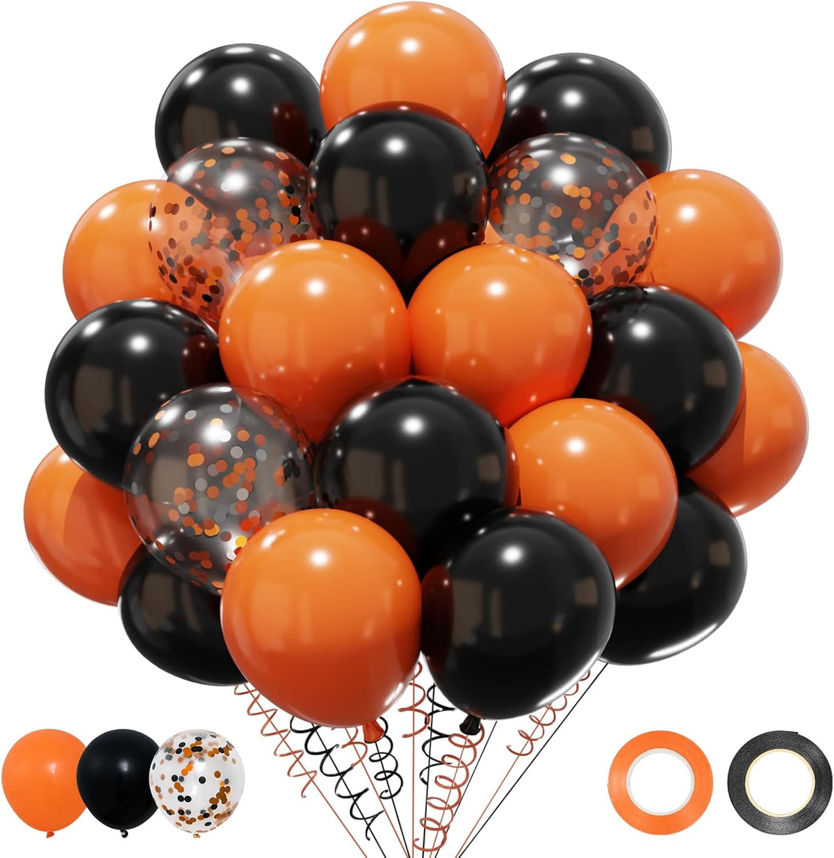 Patimate Black Orange Halloween Balloons Set, 50 pcs 12 inch Orange Black Confetti Latex Balloons