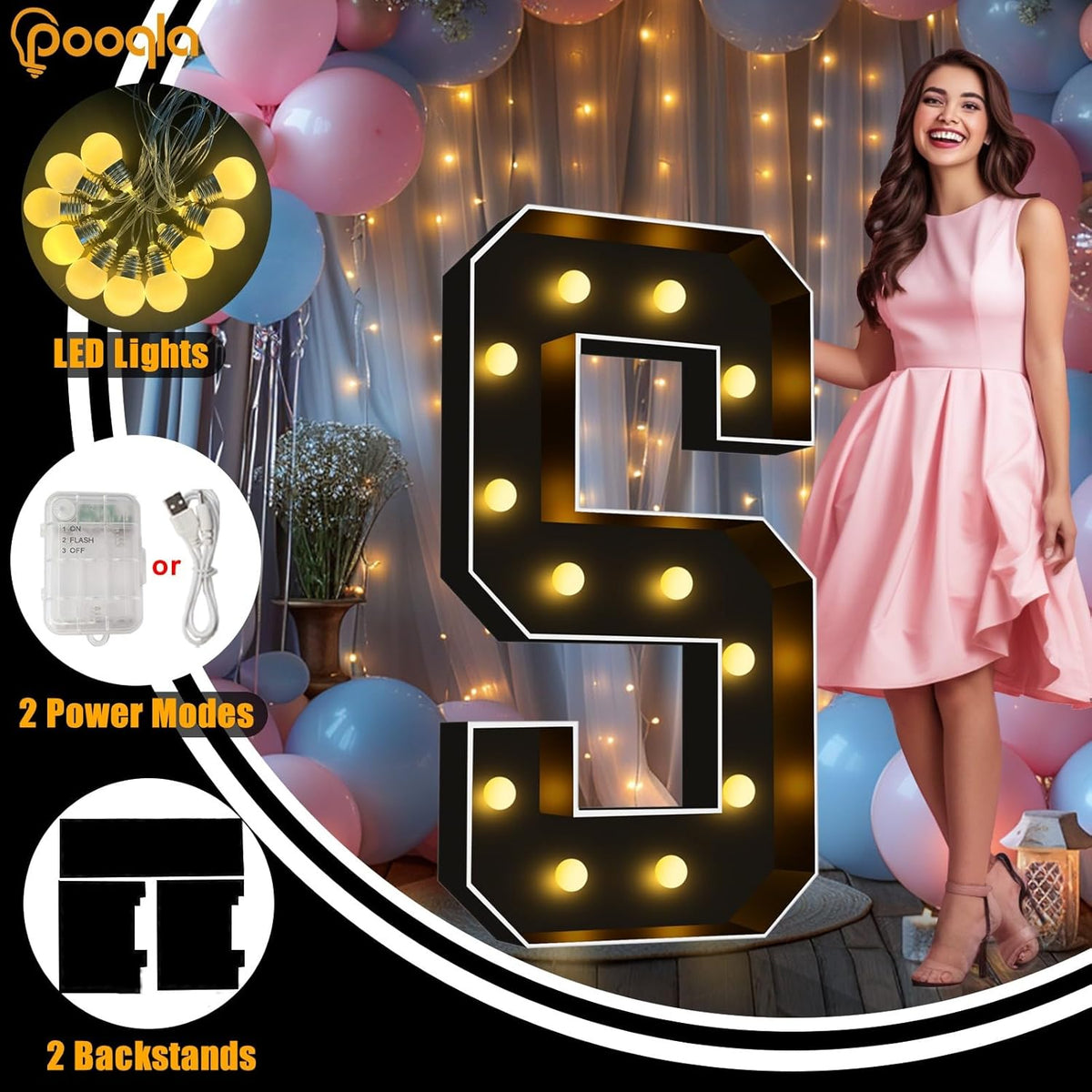 Pooqla 4 FT Marquee Light Up Letters, Black Letter Lights 4 Feet Tall, Giant Sign Big Mosaic for