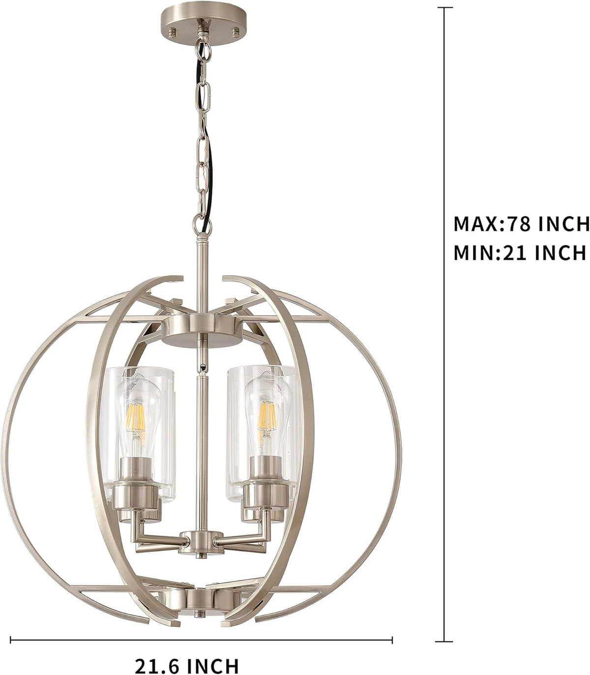 Large Lantern Globe Brushed Nickel Chandelier Lighting, Adjustable Hanging Ceiling Pendant 4 Light