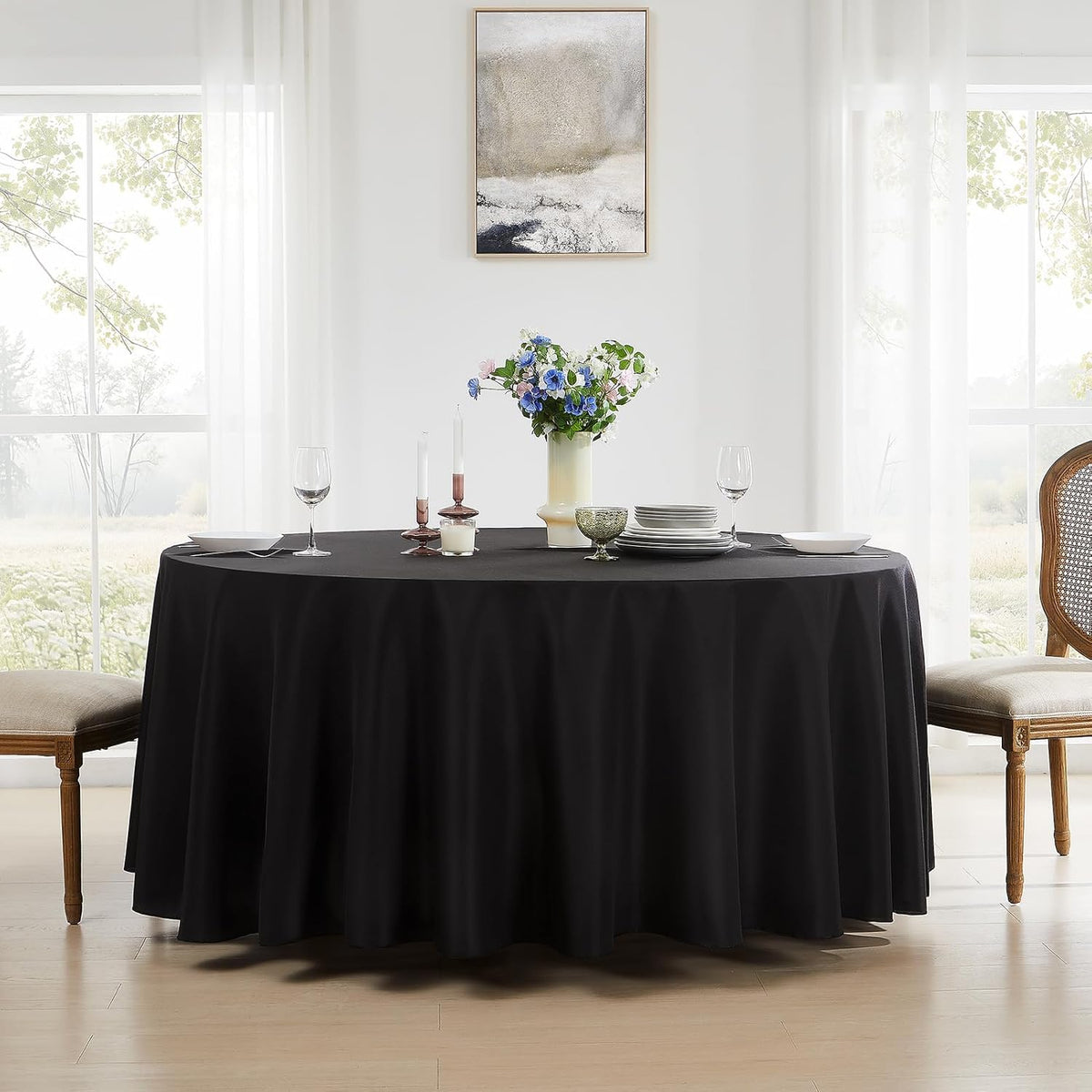 Round Tablecloth 132 Inch 10 Pack Black Tablecloths Washable Decorative Linen Polyester Table