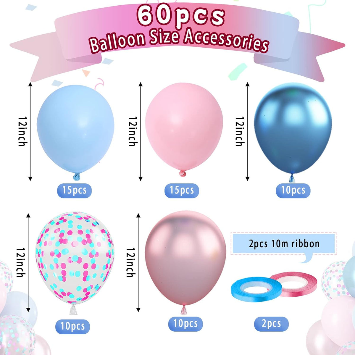 Paready Macaron Pink and Blue Balloons, 60 Pcs 12 Inch Baby Shower Party Balloons, Metallic Blue