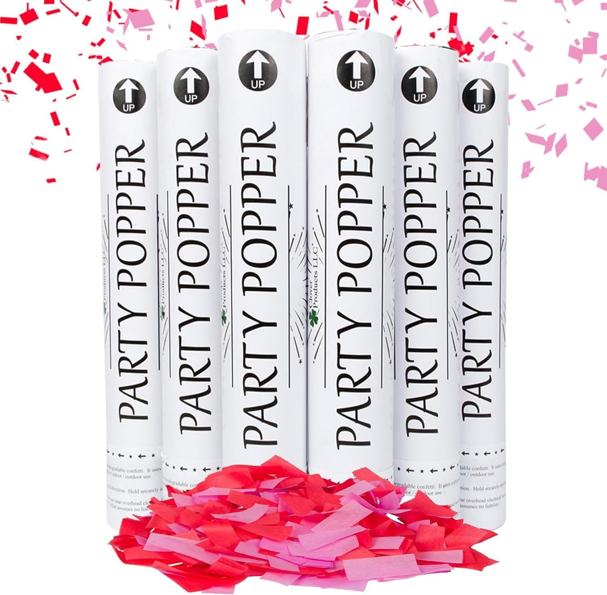 Clover Products 12" Biodegradable Confetti Cannons | 6 Pack | Red & Pink Poppers for Weddings