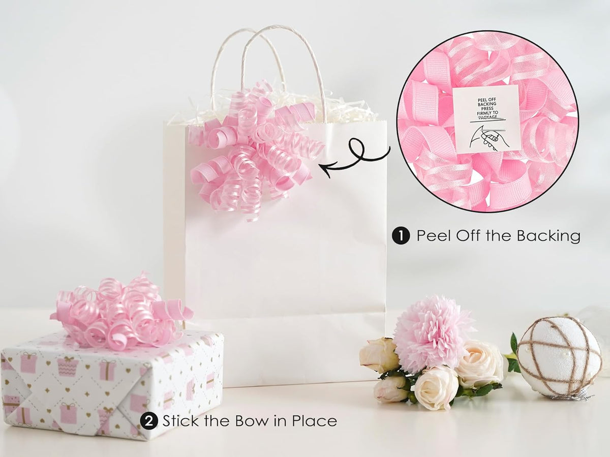 HUIHUANG Pink Gift Bows Self-Adhesive Curly Ribbon Bow 5 inch x 8 Counts Light Pink Bow for Gift